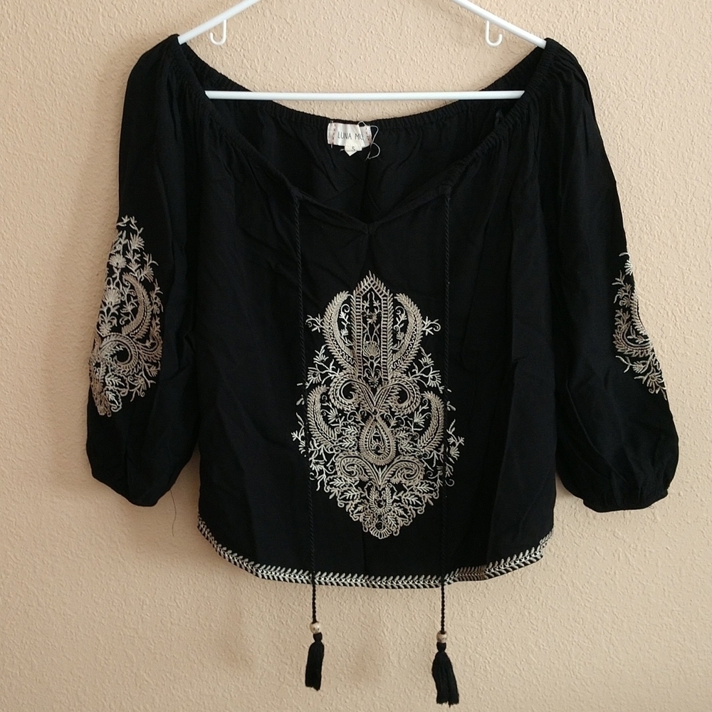 Luna Moon Boho Black & Off White Top Size S